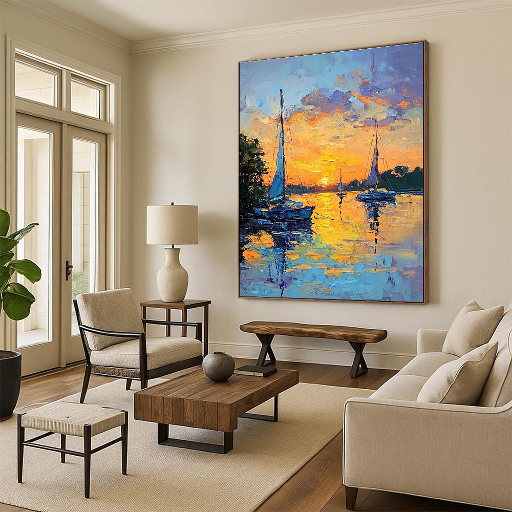 Sailboats at Sunset Serene Abstract Painting for Waterfront Homes GAB1439