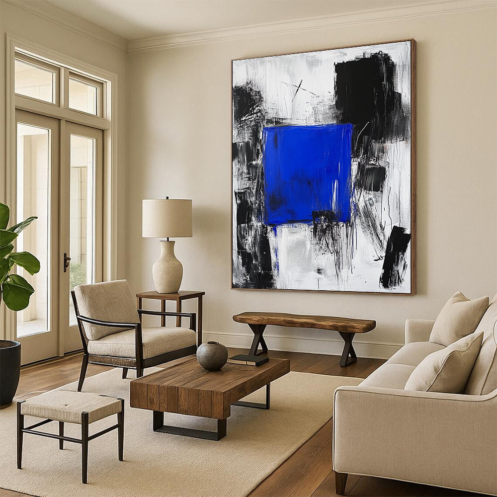 Blue Square in Black and White Chaos Abstract Painting with Focal Contrast WINK025