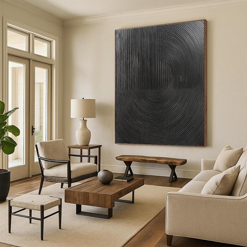 Black Circular Lines Abstract Painting for Minimalist Home Offices GAB1320
