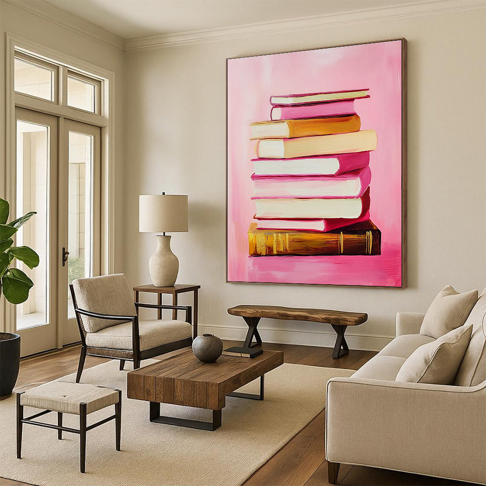 Pink Book Stack Whimsical Still - Life Abstract Painting GAB0368
