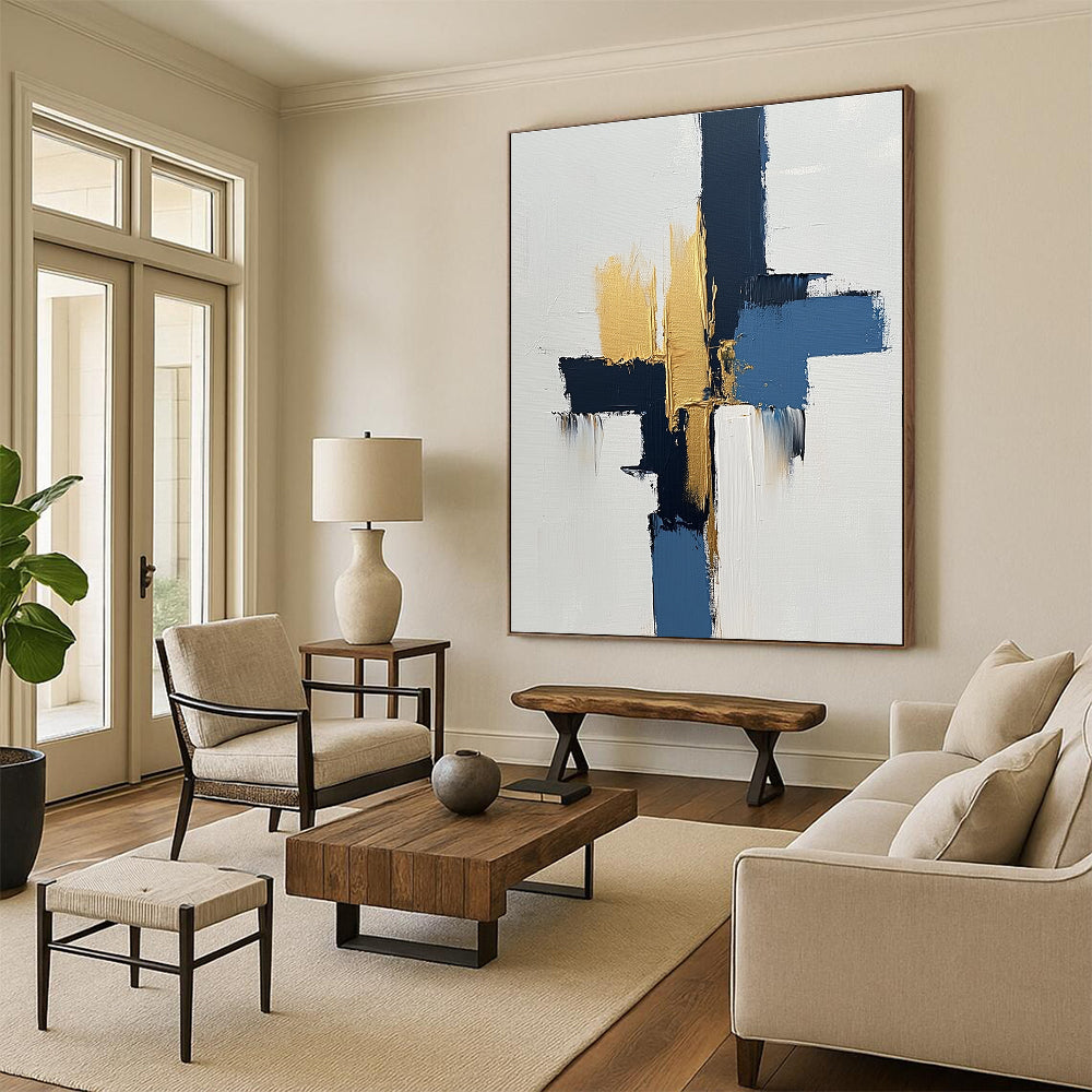 Blue - Gold Abstract Cross Painting with Modern Elegance WINK440