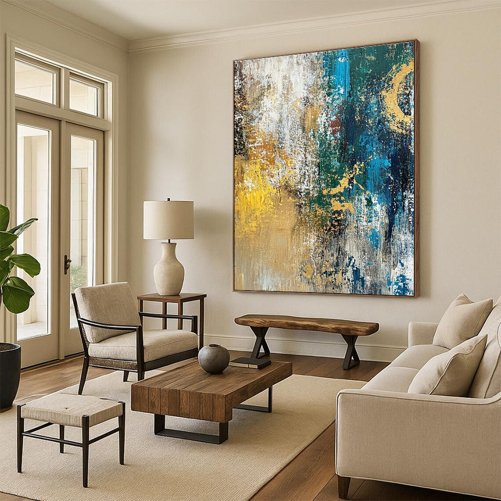 Blue Gold White Abstract Painting with Textured Elegance WINK686