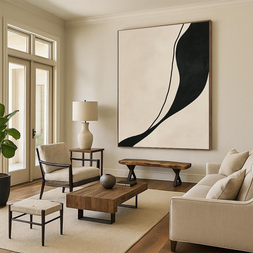 Black and Beige Curved Abstract Painting with Fluid Lines WINK843