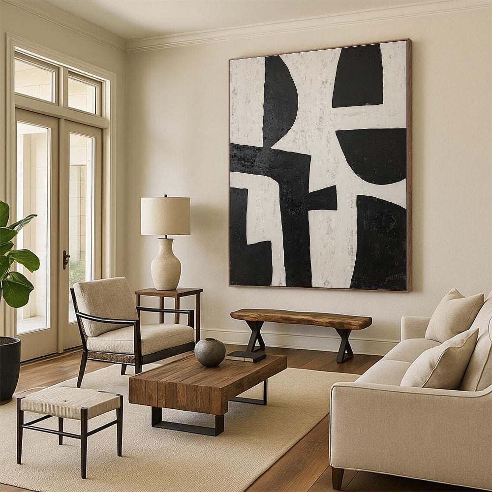 Black and White Geometric Interplay Abstract Painting with Bold Simplicity WINK238