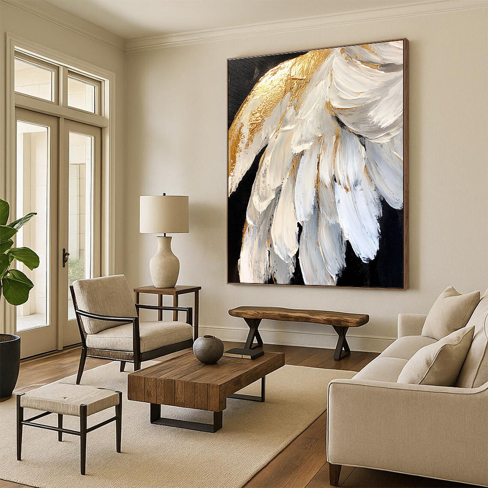 White - Gold Feather Textured Art - Luxe Minimalist Abstract Painting GAB0432