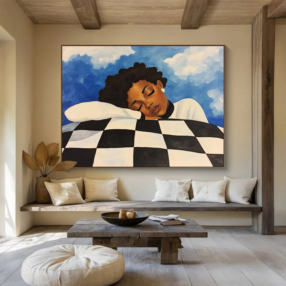 Dreaming Figure on Checkered Pillow Abstract Painting with Calm Intimate Vibe ABS561