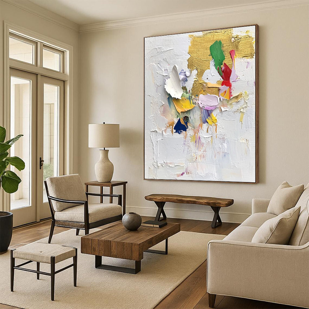 Gold Accented Abstract Collage Painting with Vibrant Shapes WINK621