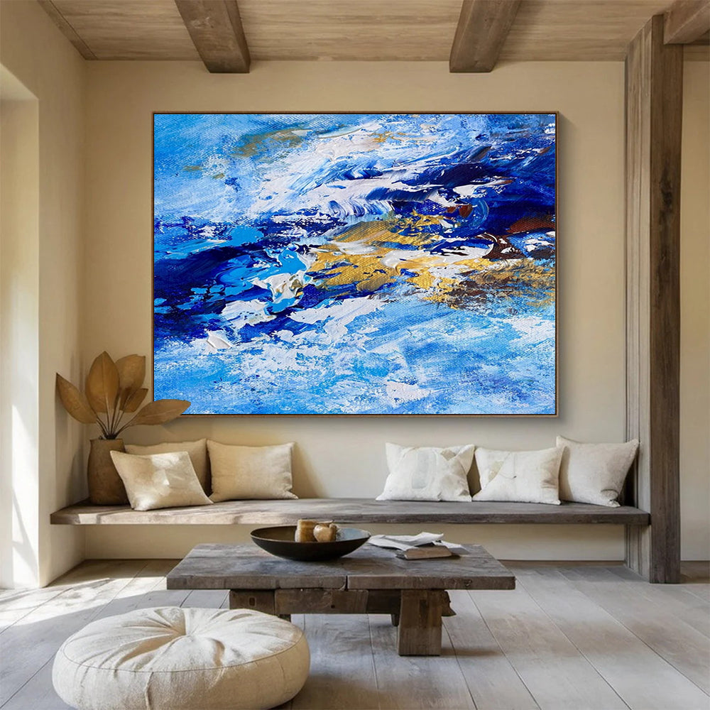 Blue and Gold Wave Abstract Painting for Nautical - Inspired Lounges YHT345