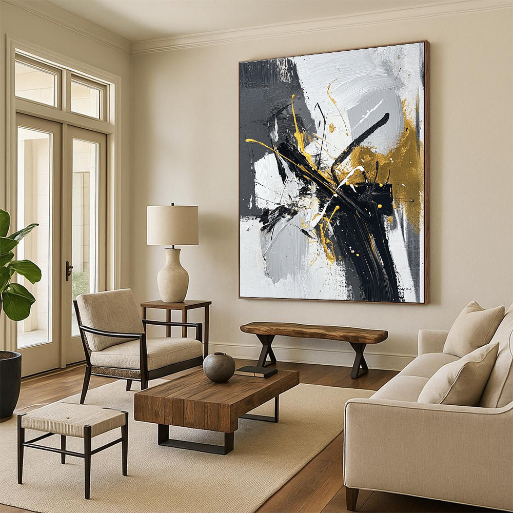 Black White and Gold Splash Abstract Painting with Dynamic Luxury WINK020