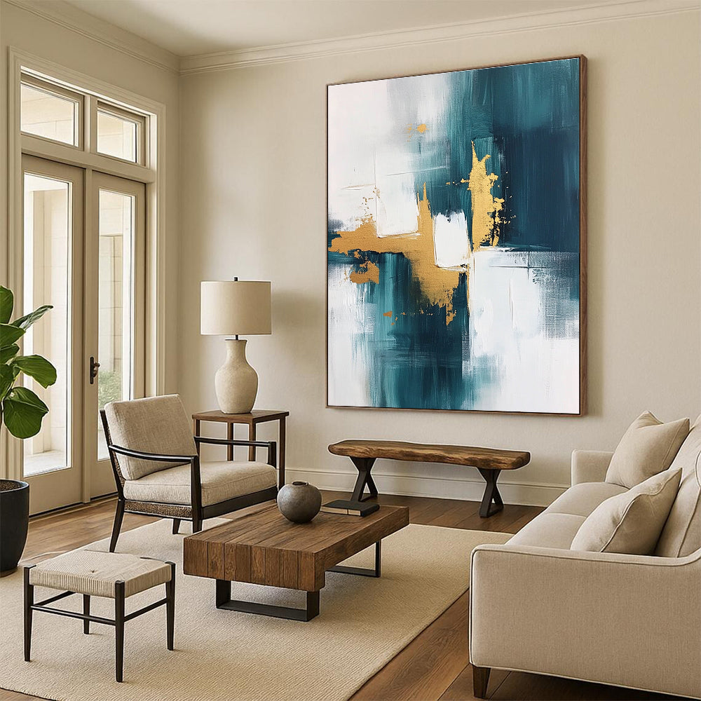 Teal Gold White Abstract Painting with Flowing Luxury WINK676