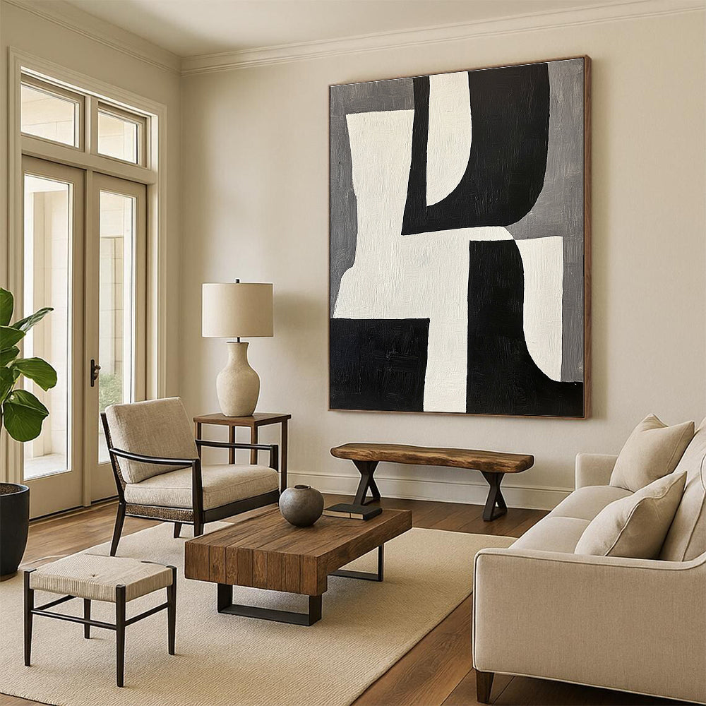 Geometric Black White Gray Abstract Painting with Clean Forms WINK611