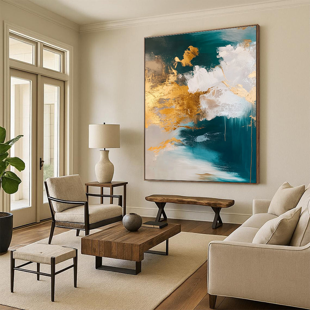 Teal Gold Abstract Clouds Painting with Metallic Accents WINK630