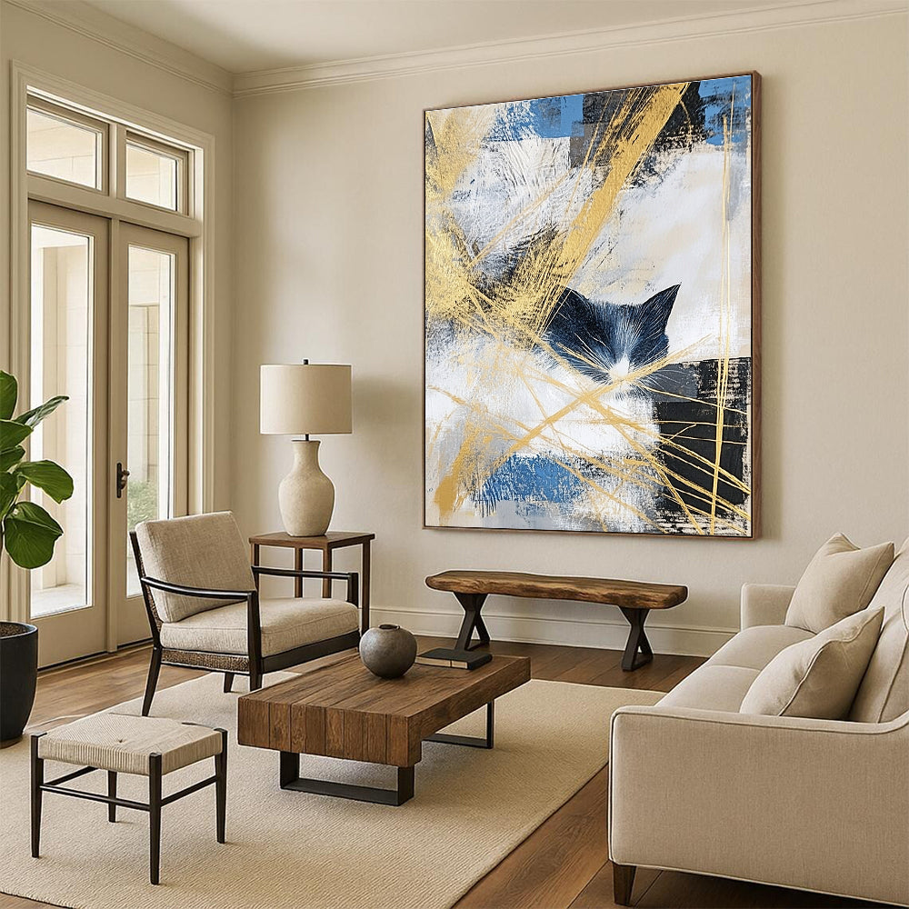 Abstract Cat Silhouette Painting with Golden Accents GAB0661