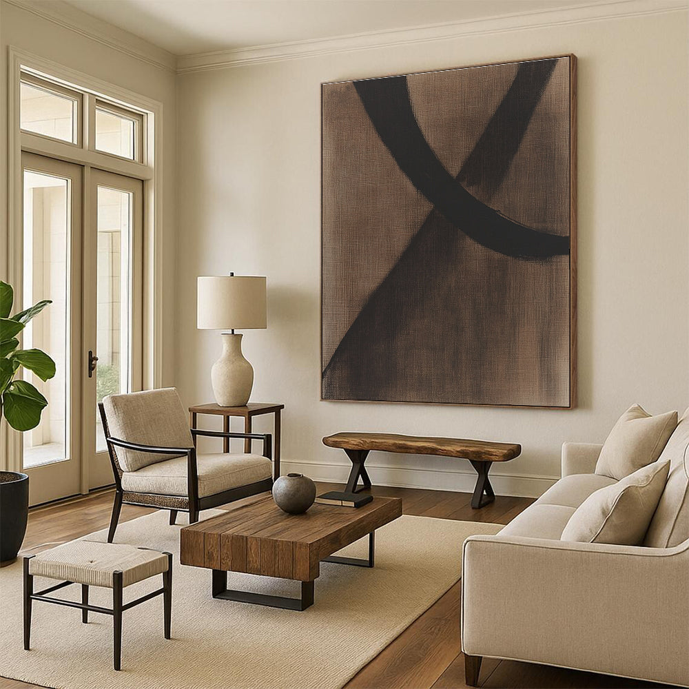 Black Curved Lines on Brown Abstract Painting with Bold Grace WINK046