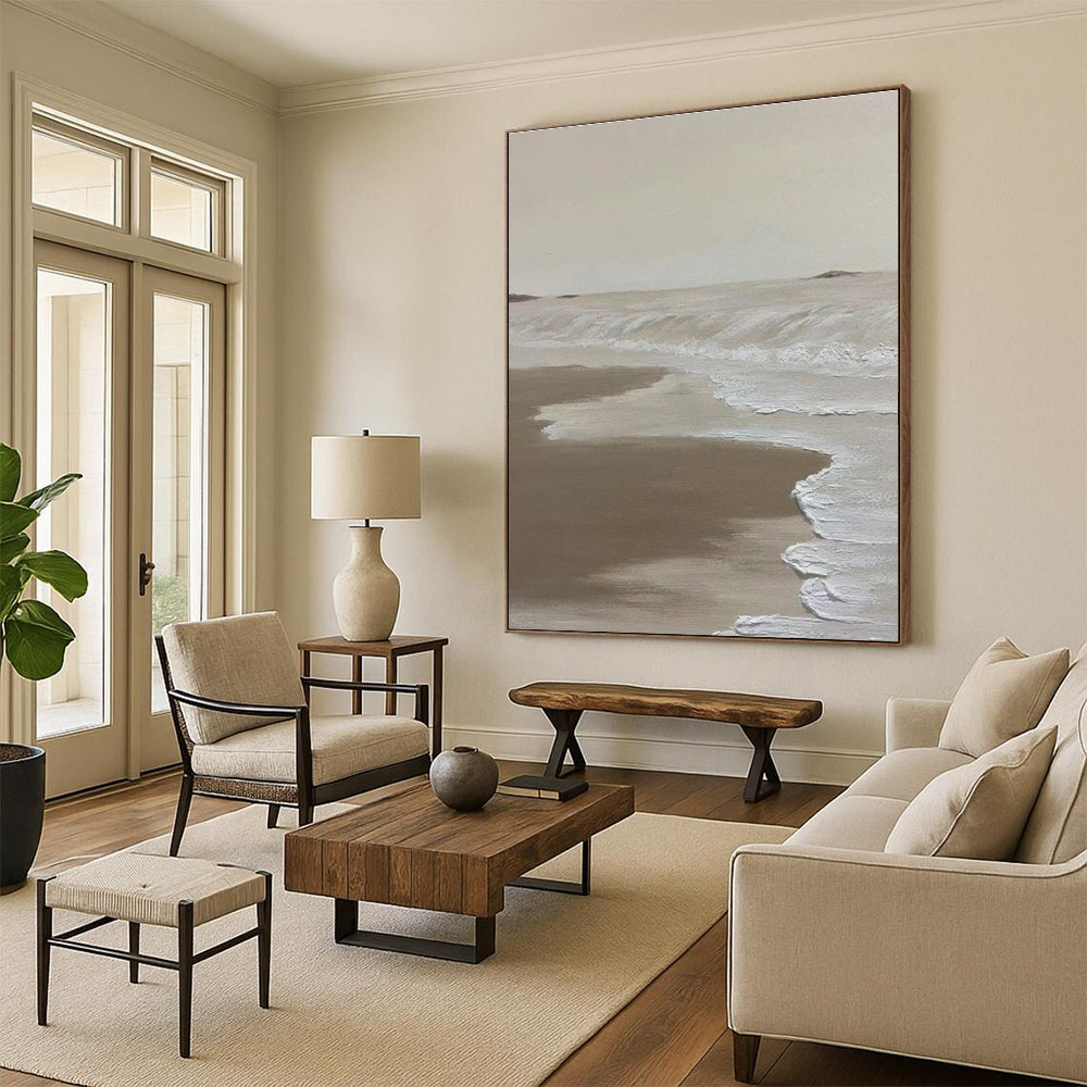 Beige Coastal Abstract Painting for Beach House Living Rooms HENG521