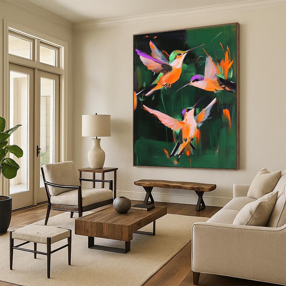 Colorful Hummingbirds Abstract Painting of Lively Vitality GAB0148