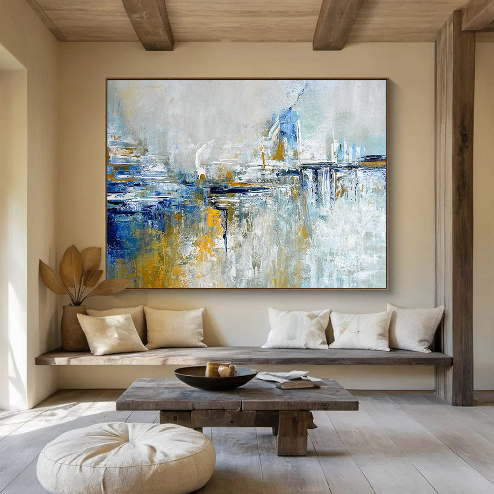Blue and Gold Abstract Cityscape Painting for Upscale Urban Residences YHT347
