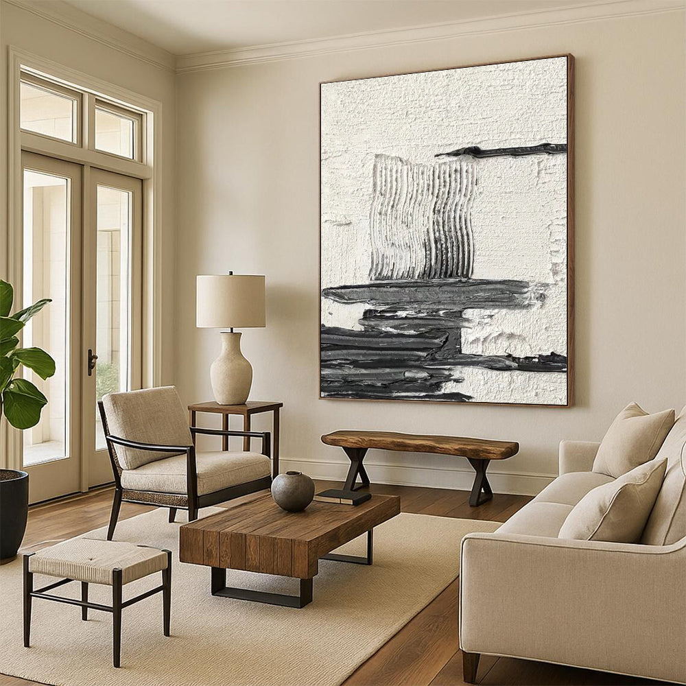 Black - White Textured Abstract Composition Painting for Minimalist Studies HENG388