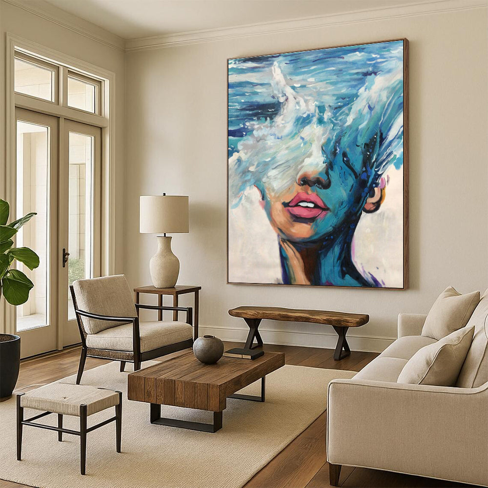 Blue Ocean Wave - Masked Face Abstract Painting for Contemporary Art Galleries HENG347