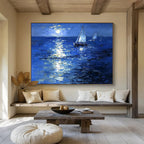 Moonlit Sailboats on Sea Abstract Painting with Nocturnal Serenity ABS601