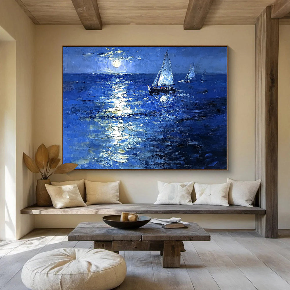 Moonlit Sailboats on Sea Abstract Painting with Nocturnal Serenity ABS601