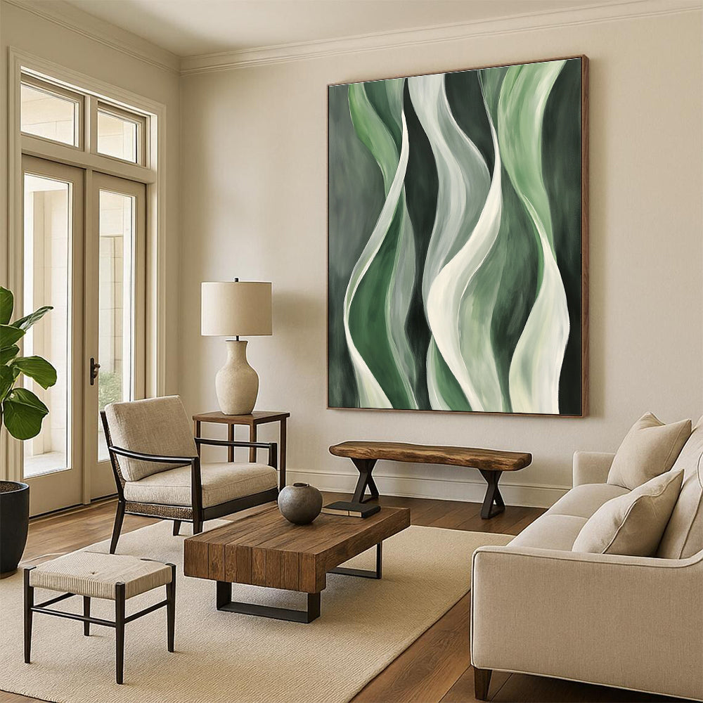 Green and White Flowing Forms Abstract Painting with Organic Grace WINK241