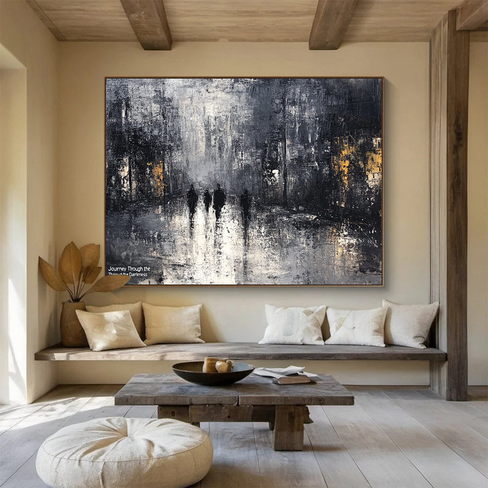 Dark City Street Abstract Painting with Mysterious Urban Mood ABS445