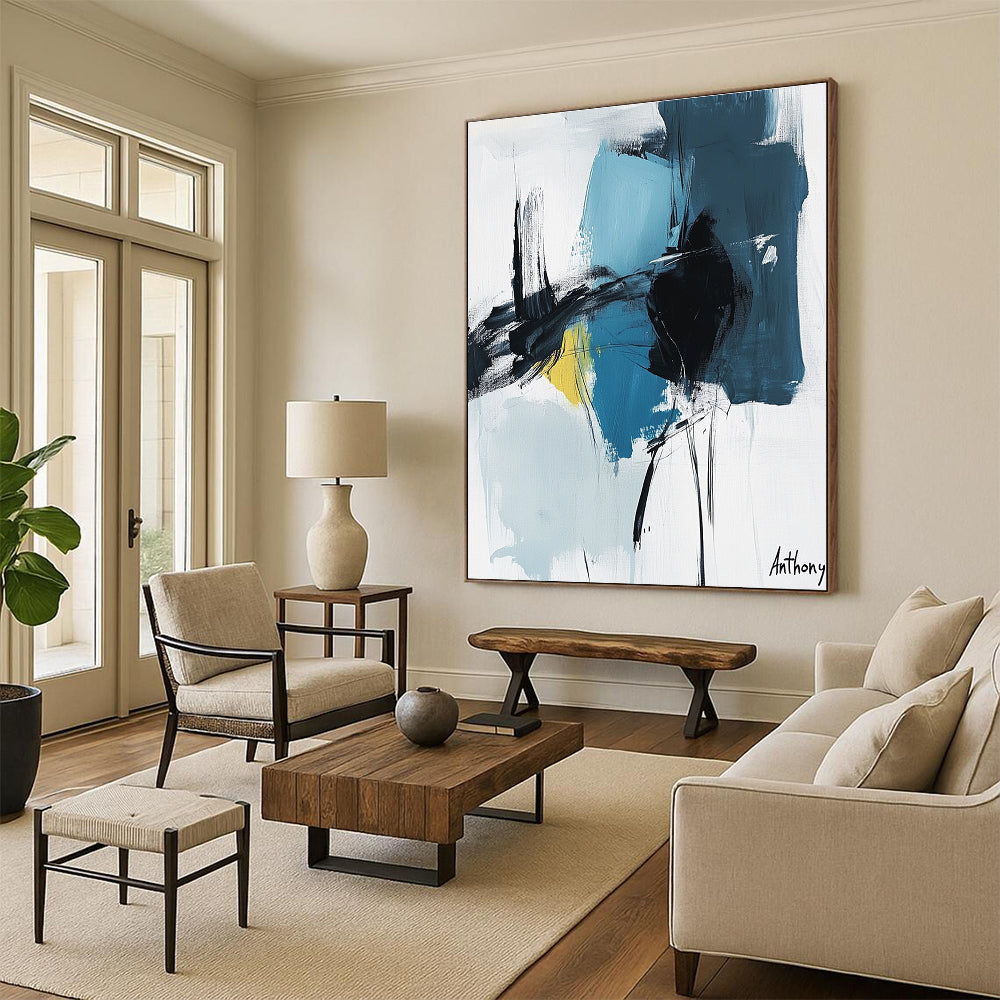 Bold Blue and Black Strokes Abstract Painting of Energetic Expression GAB0205