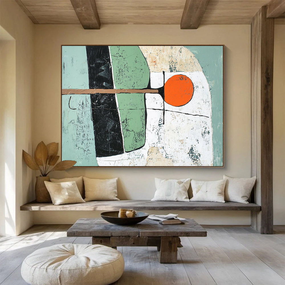Green and Orange Geometric Shapes with Textured Background Abstract Painting ABS351
