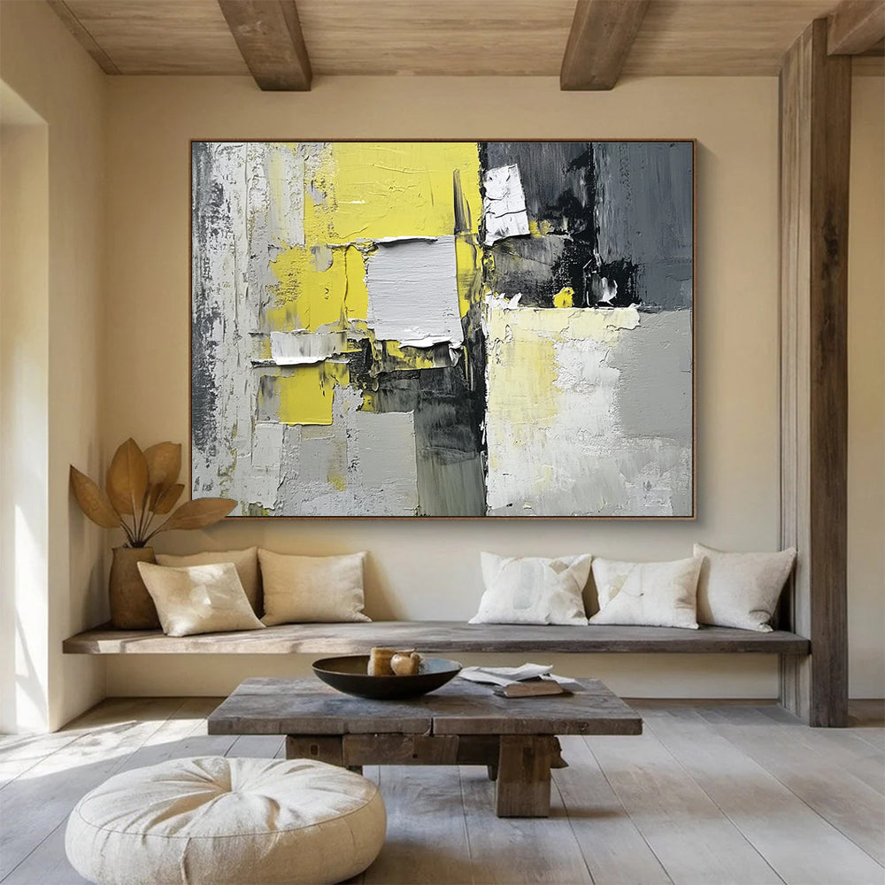 Yellow, Gray and Black Collage Abstract Painting with Textured Layers ABS399