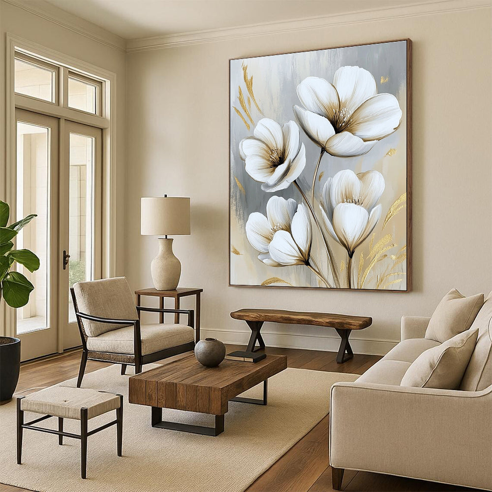 White Flowers with Gold Luxe Abstract Painting for Glamorous Interiors GAB1524
