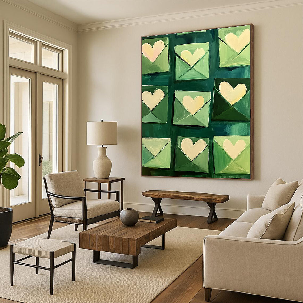 Green Envelopes with Hearts Whimsical Abstract Painting for Romantic Spaces GAB1436
