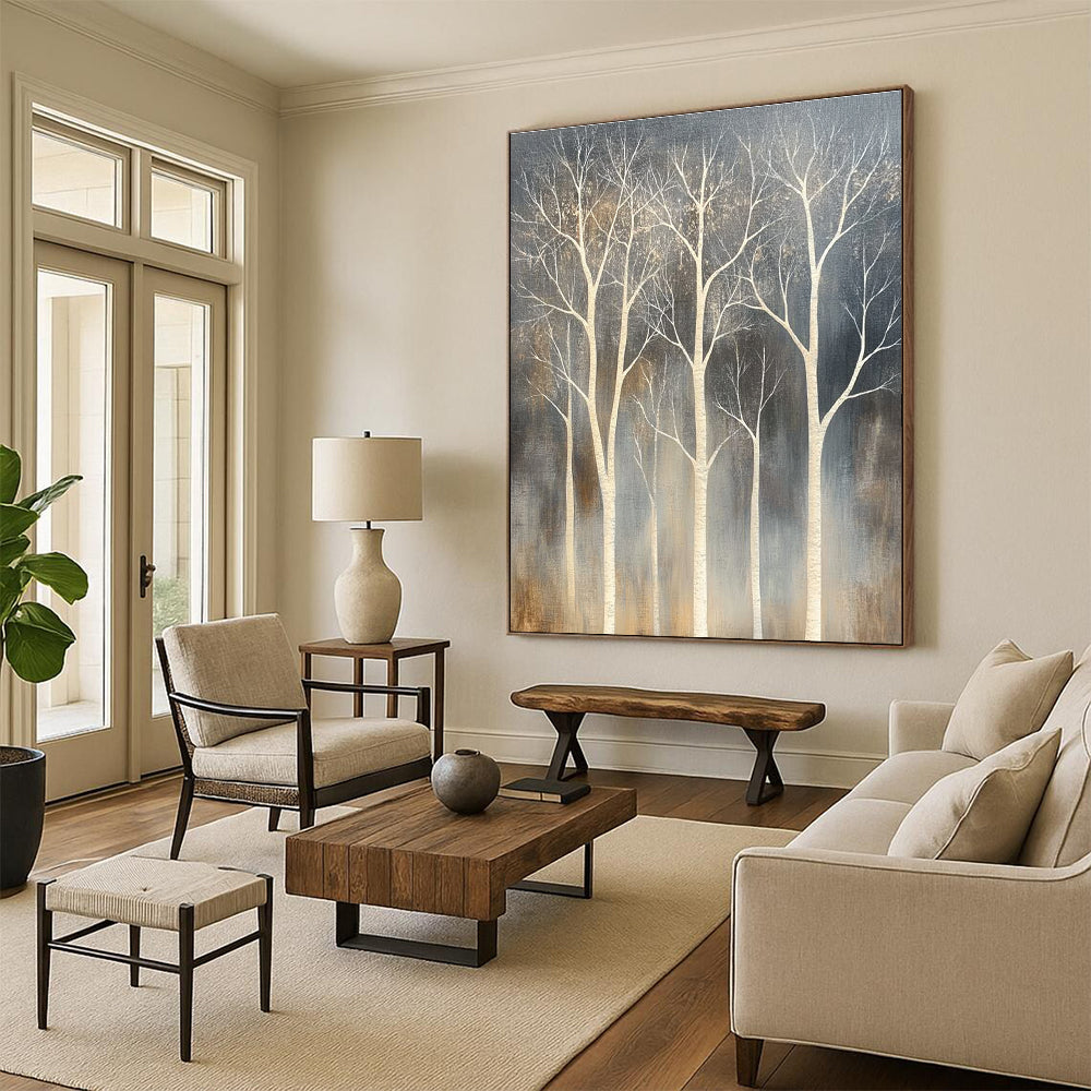 White Trees on Dark Background Abstract Painting for Contemporary Forest - Themed Galleries GAB0817