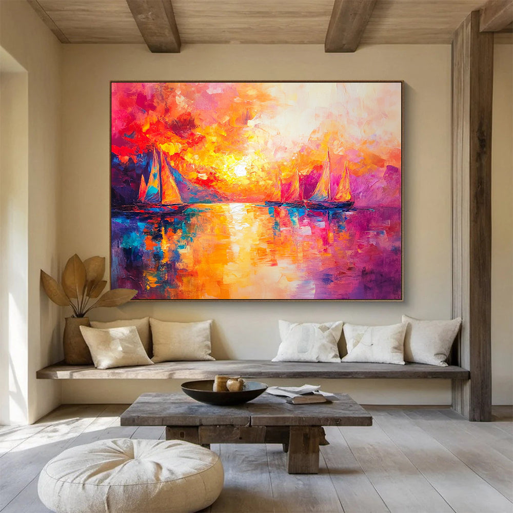Colorful Sunset Sailboats with Vivid Palette Abstract Painting ABS321
