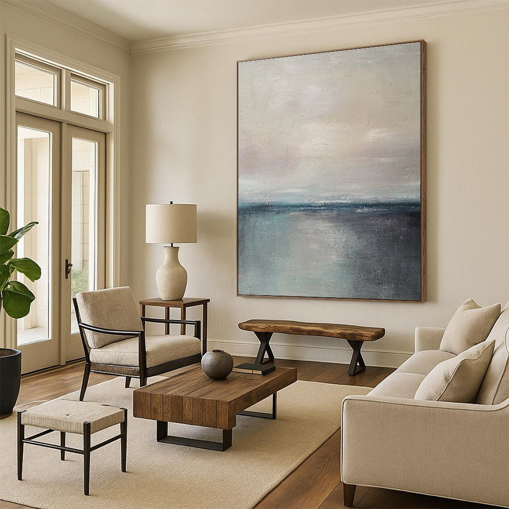 Minimalist Sea and Sky Abstract Painting for Coastal Bedroom Retreats HENG034