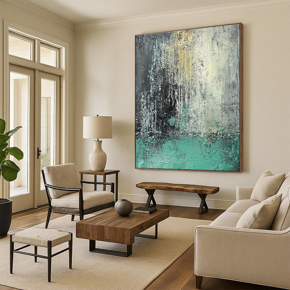 Gray and Teal Dripping Abstract Painting with Dynamic Fluidity WINK287