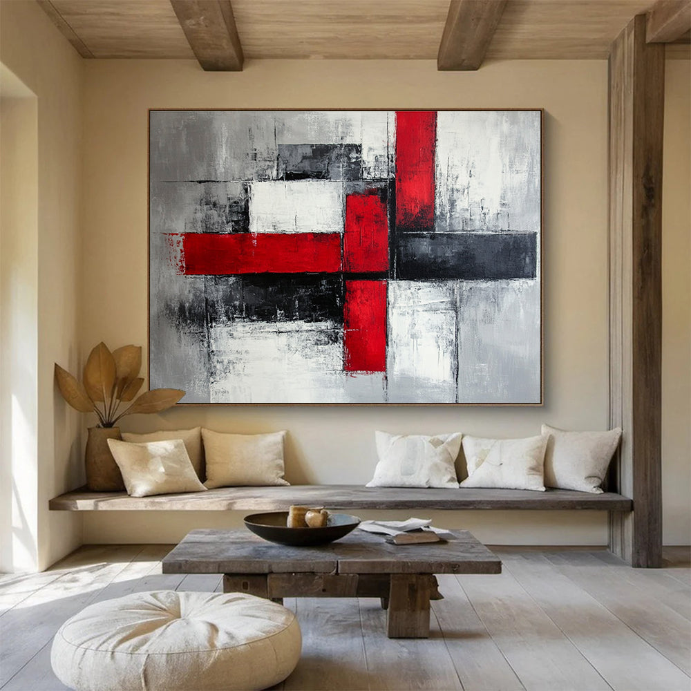 Red, Black and Gray Geometric Abstract Painting with Bold Contrasts ABS397