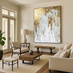 Gold - White Abstract Drip Painting for Modern Minimalist Offices HENG074