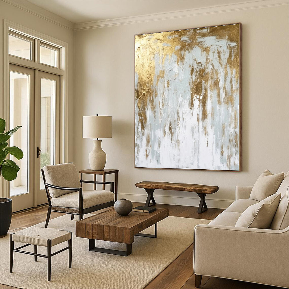 Gold - White Abstract Drip Painting for Modern Minimalist Offices HENG074