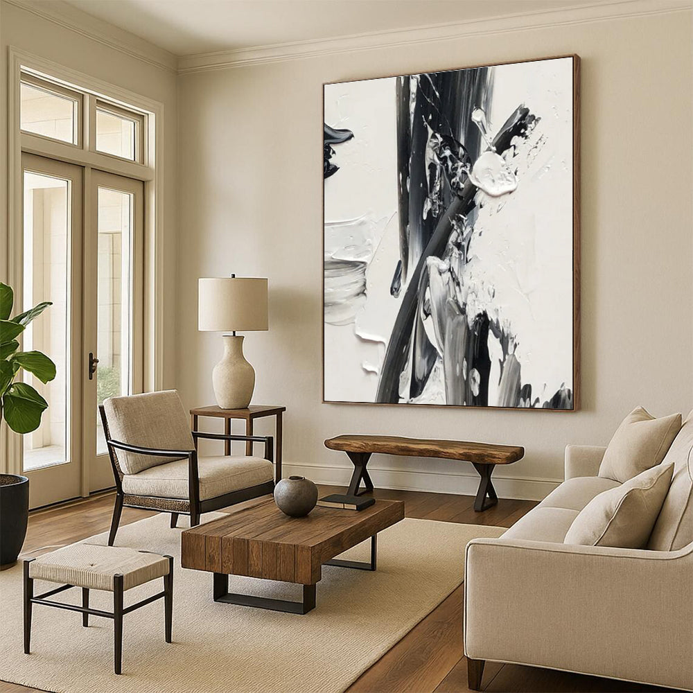 Expressive Monochrome Abstract Painting for Bold Dining Rooms HENG446