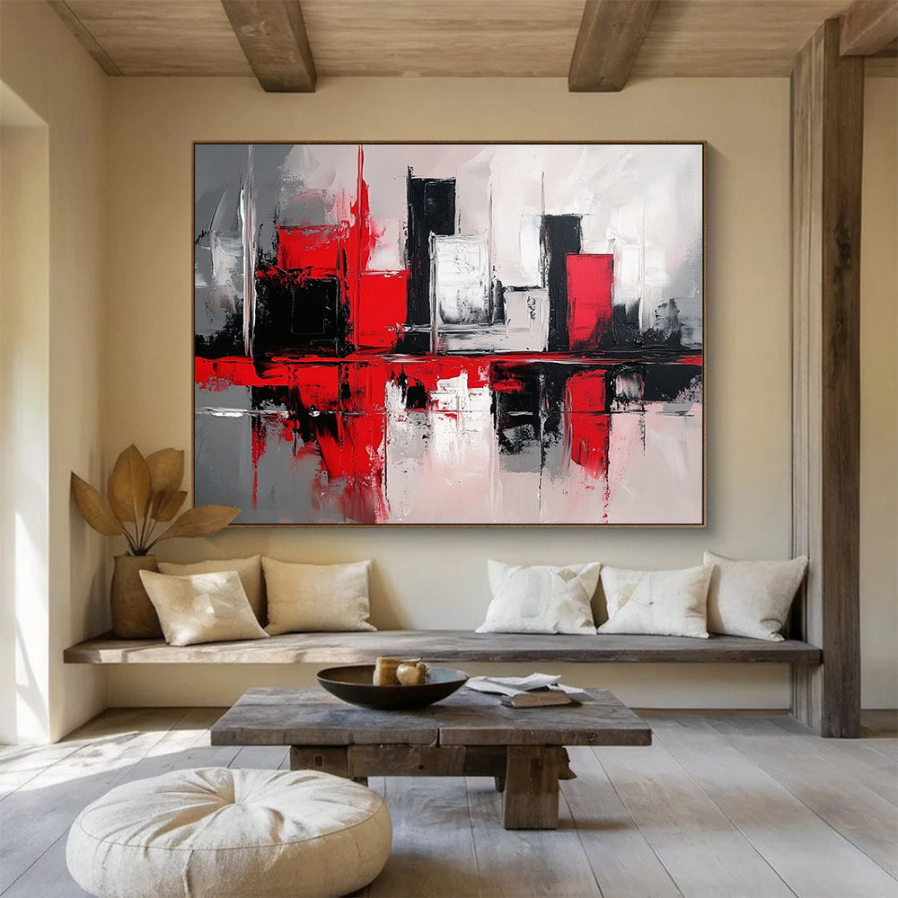Red and Black Cityscape Abstract Painting with Reflective Elements ABS398