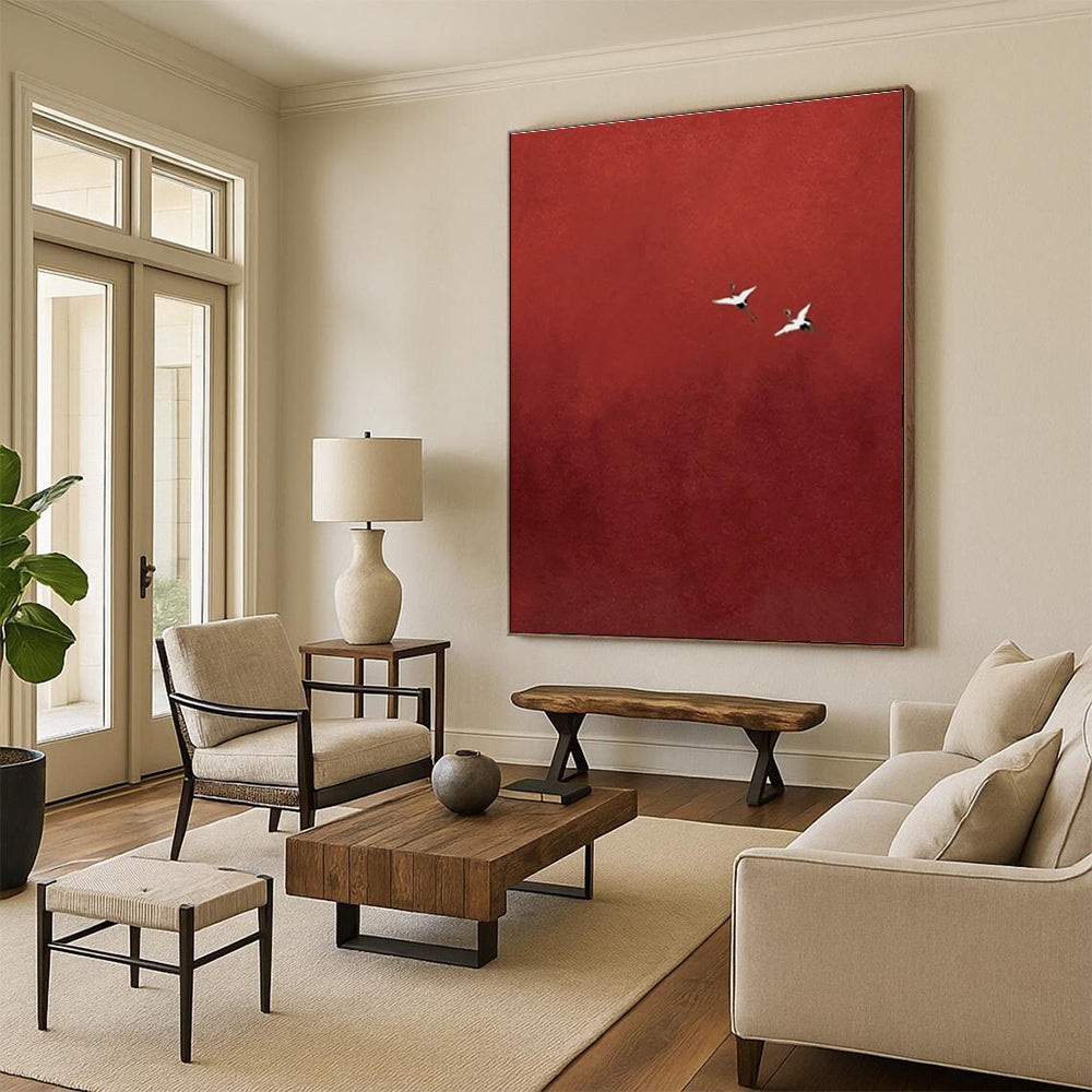 Two Cranes in Red Sky Abstract Painting for Dramatic Foyers HENG482