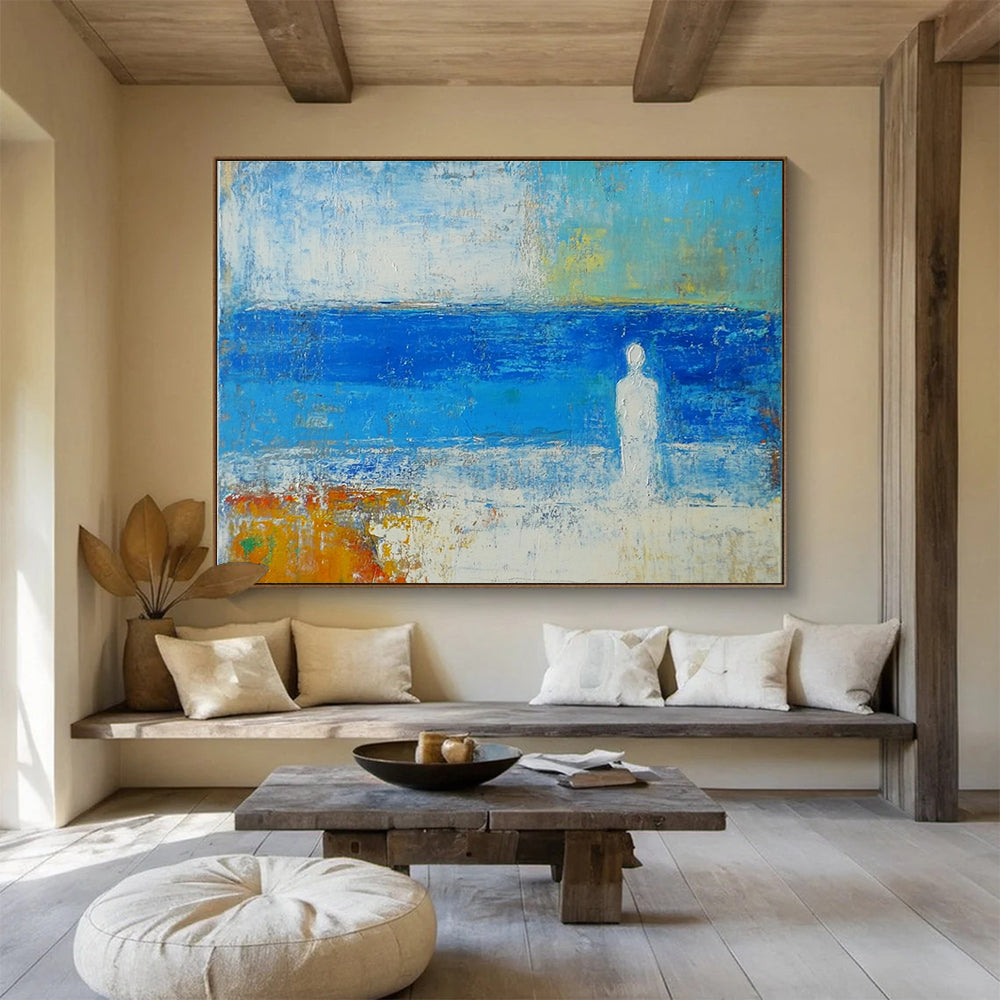 Abstract Blue Sea and Figure Meditation Painting ABS195