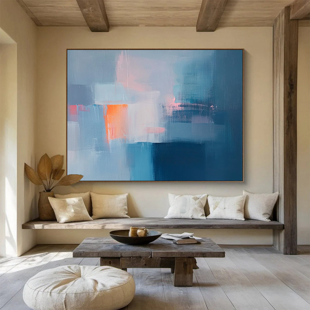 Blue and Orange Abstract Painting with Playful, Minimalist Blocks ABS477