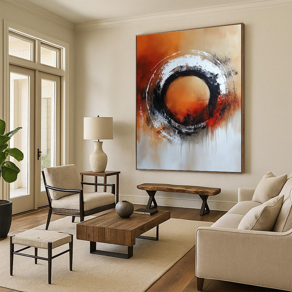 Orange Black Circular Abstract Painting with Bold Drama WINK706