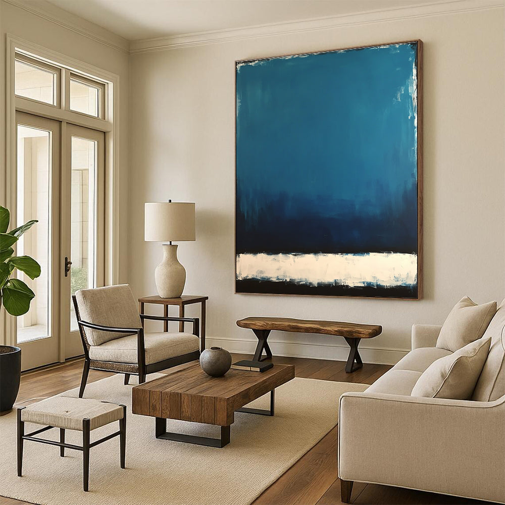 Deep Blue with White and Black Bands Abstract Painting with Layered Depth WINK027