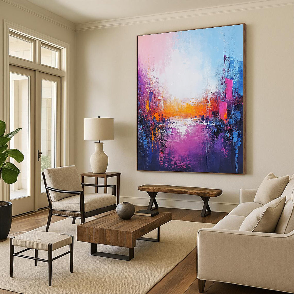 Colorful Cityscape Sunset Abstract Painting for Artistic Office Lounges GAB0806