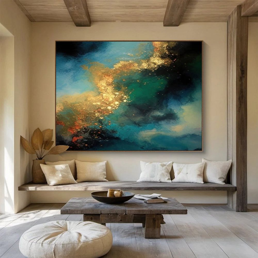 Blue - Gold Abstract Swirl Painting for Luxurious Interiors YHT071