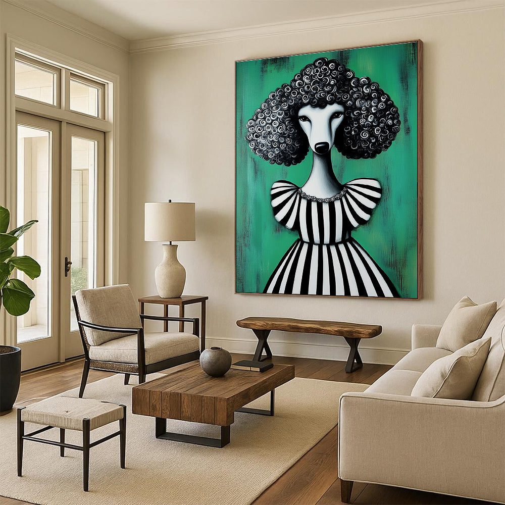 Poodle in Striped Dress Painting of Elegant Quirkiness GAB0134