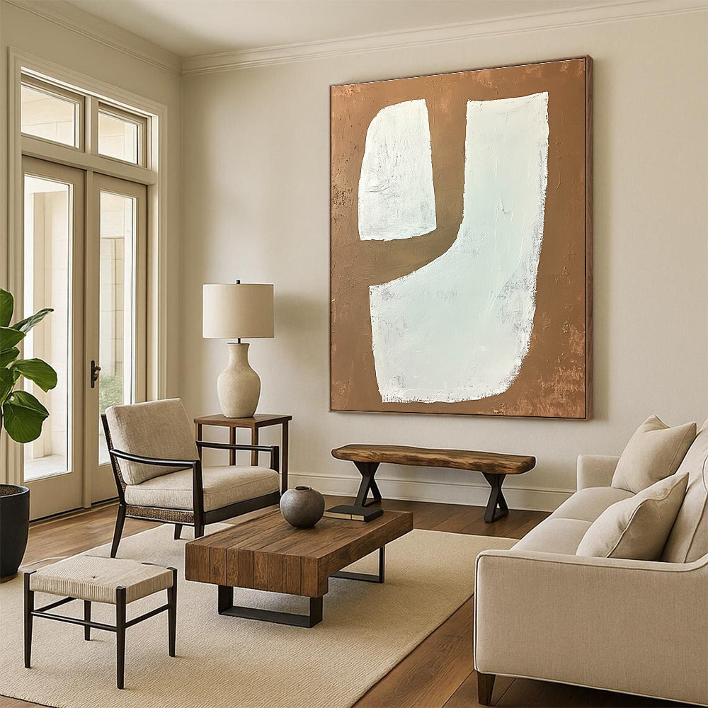 White Shapes on Brown Geometric Abstract Painting for Modern Decor GAB1533